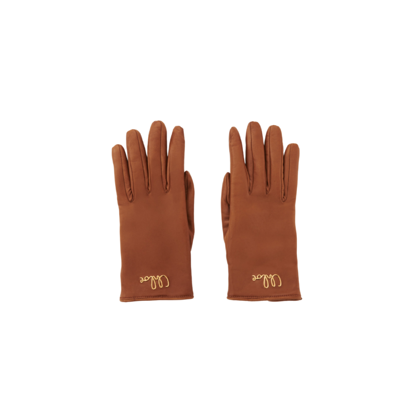 Gants CHLOE  Iconic cuir agneau souple marron gold logo doré