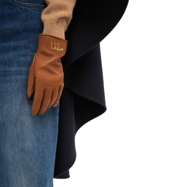 Gants CHLOE  Iconic cuir agneau souple marron gold logo doré