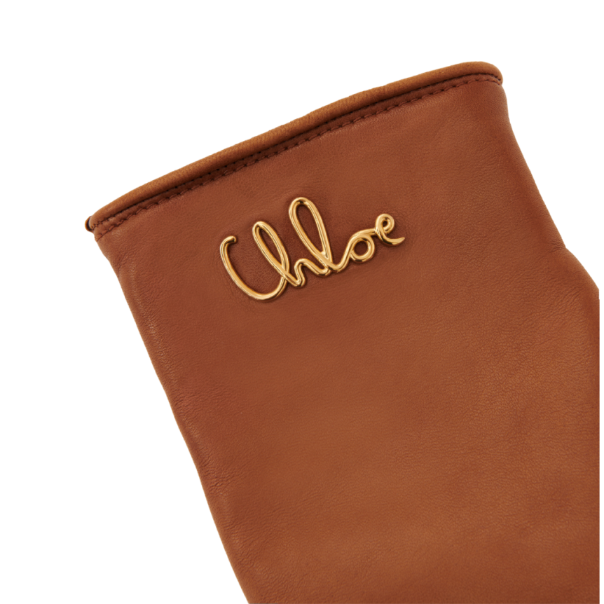 Gants CHLOE  Iconic cuir agneau souple marron gold logo doré