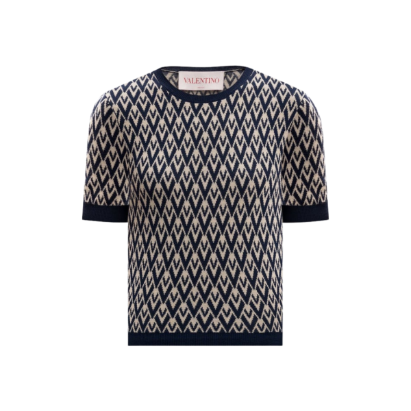 Pull manche courte VALENTINO laine écru V logo bleu marine