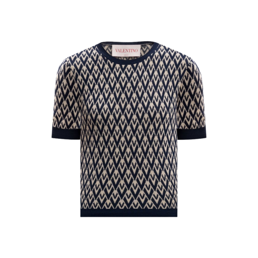 Pull manche courte VALENTINO laine écru V logo bleu marine