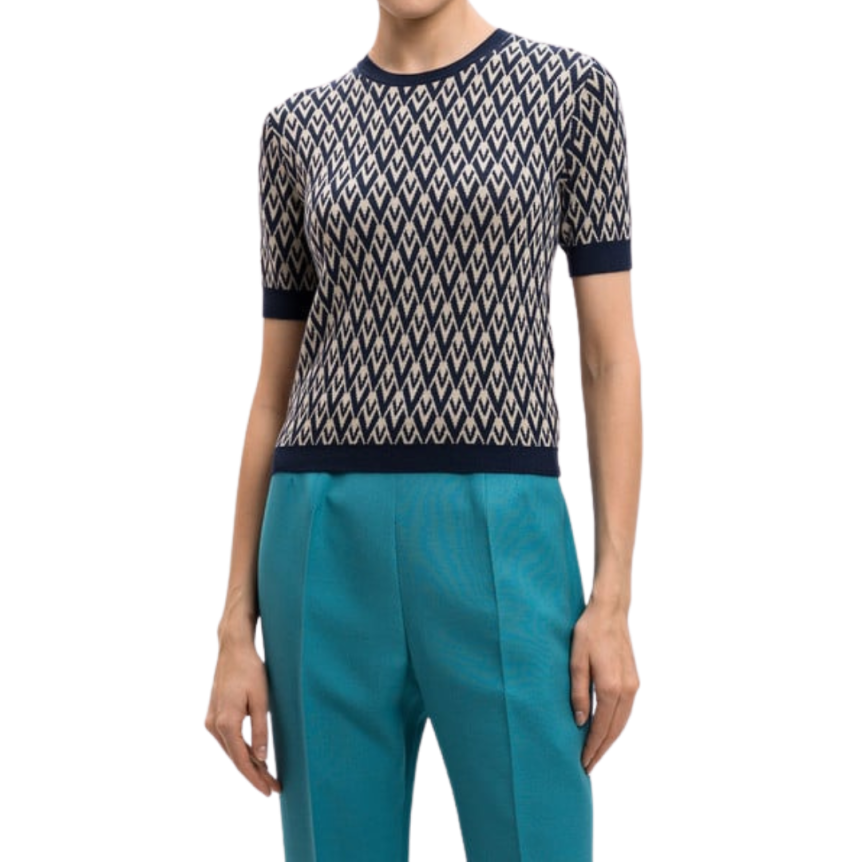 Pull manche courte VALENTINO laine écru V logo bleu marine