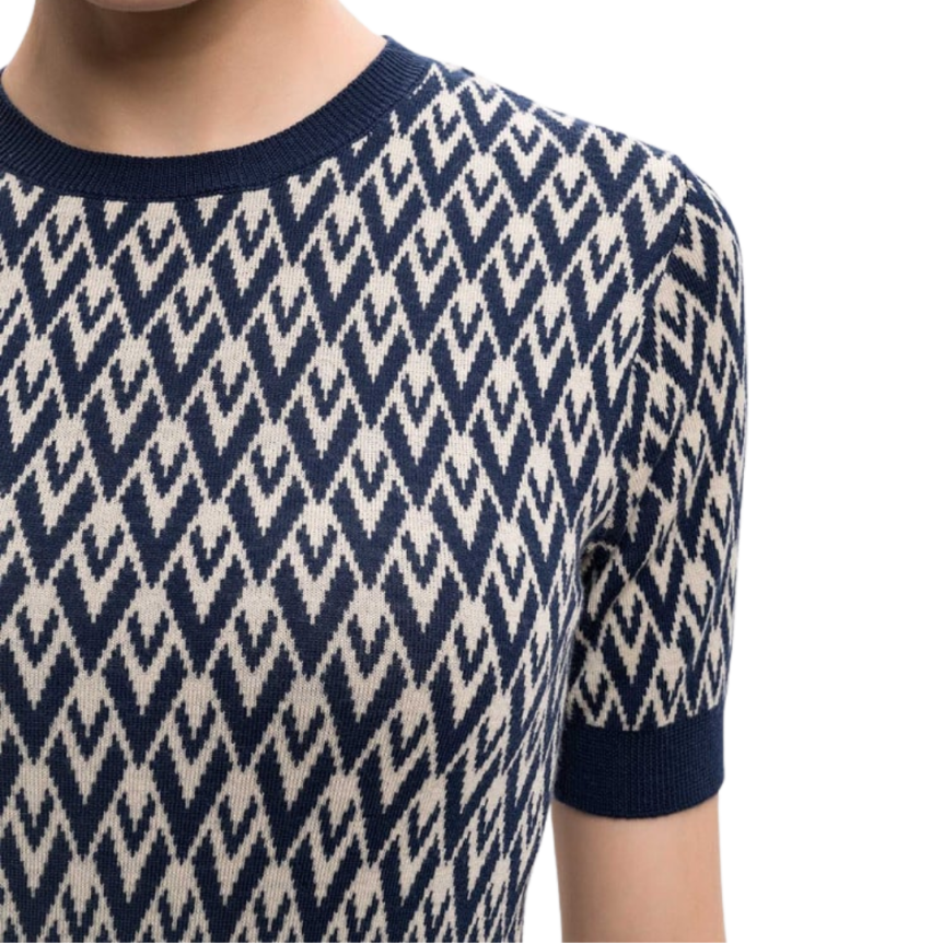 Pull manche courte VALENTINO laine écru V logo bleu marine