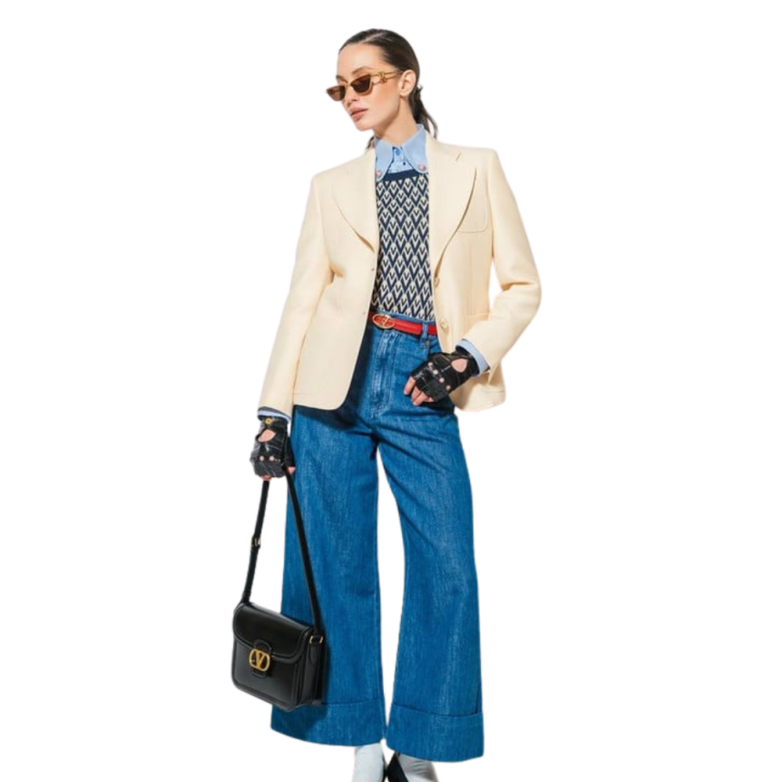 Pull manche courte VALENTINO laine écru V logo bleu marine