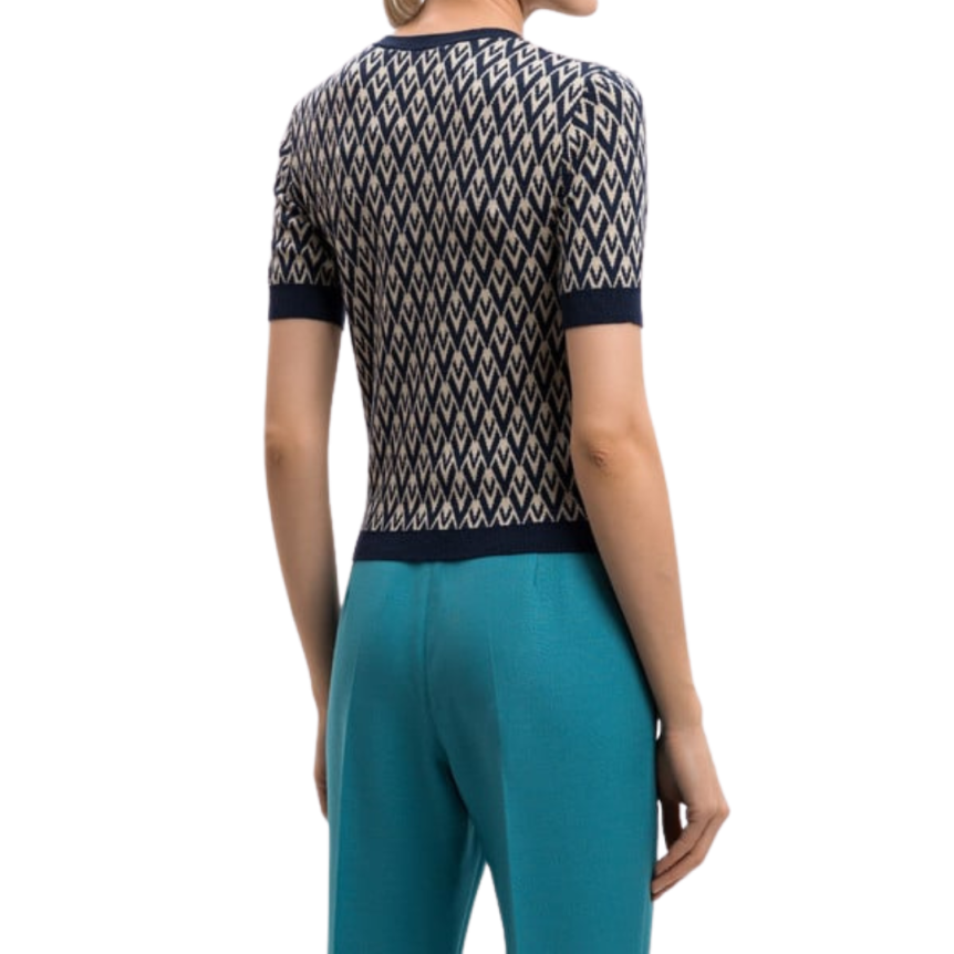 Pull manche courte VALENTINO laine écru V logo bleu marine