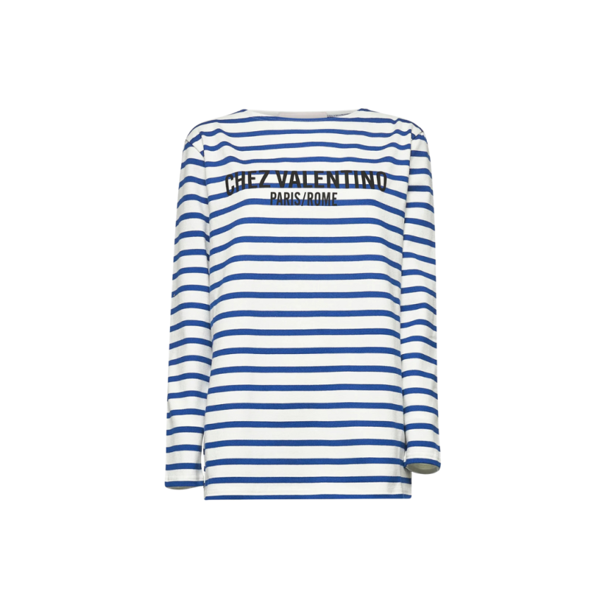 T-shirt manche longue VALENTINO marinière coton blanc rayures bleu Chez Valentino
