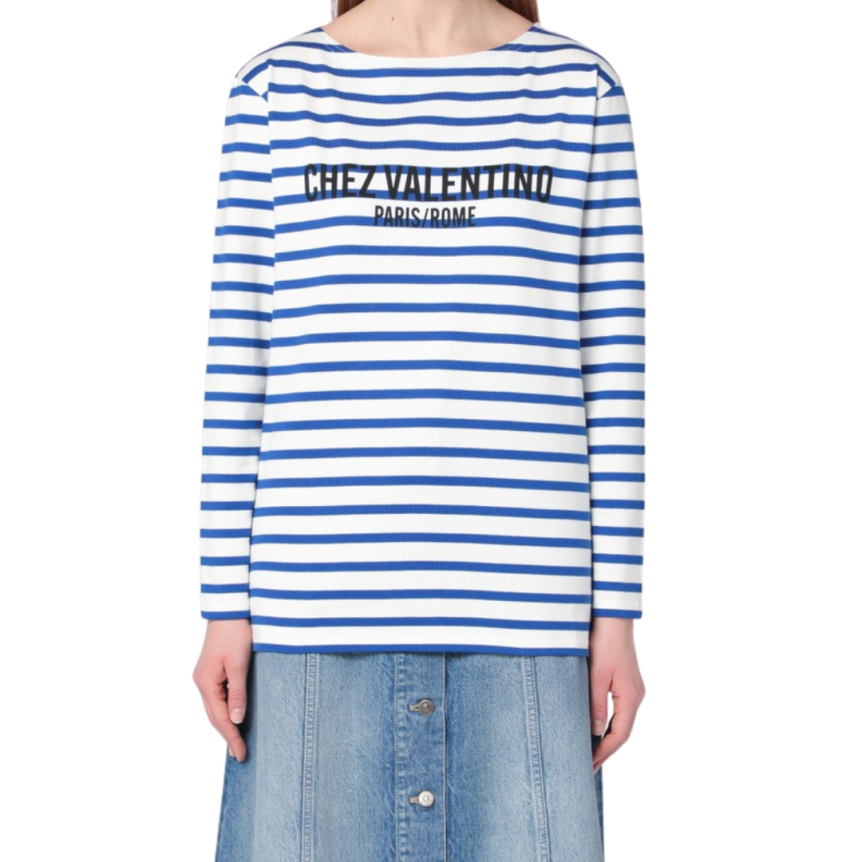T-shirt manche longue VALENTINO marinière coton blanc rayures bleu Chez Valentino