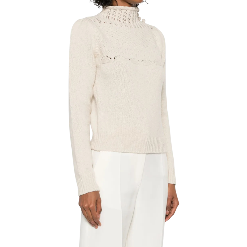 Pull maille ajourée VALENTINO laine cachemire écru col roulotté