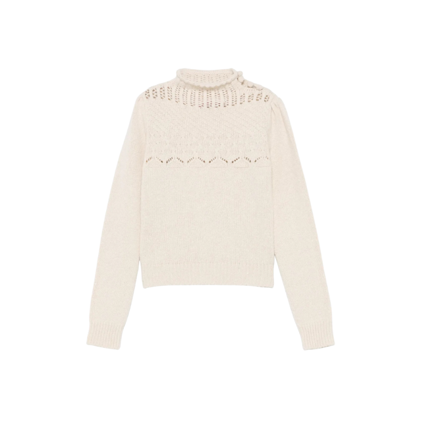 Pull maille ajourée VALENTINO laine cachemire écru col roulotté