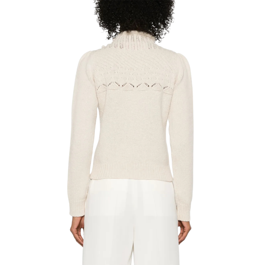 Pull maille ajourée VALENTINO laine cachemire écru col roulotté