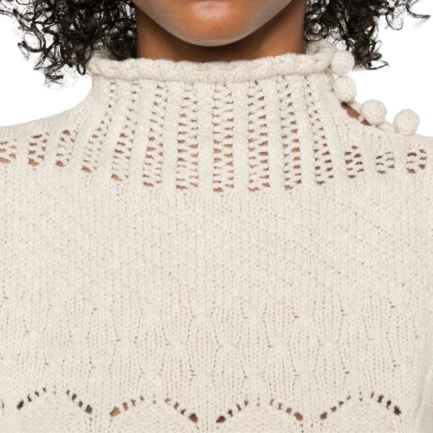 Pull maille ajourée VALENTINO laine cachemire écru col roulotté