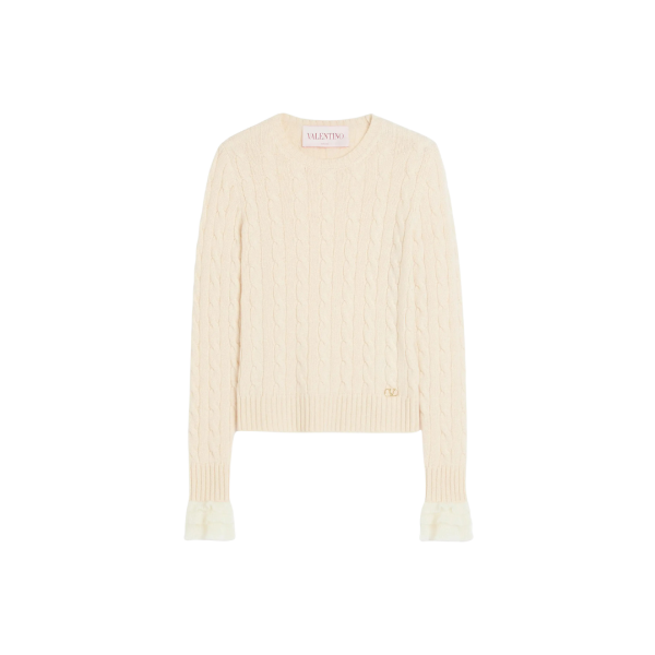 Pull manche longue VALENTINO cachemire torsade écru volant mohair manche