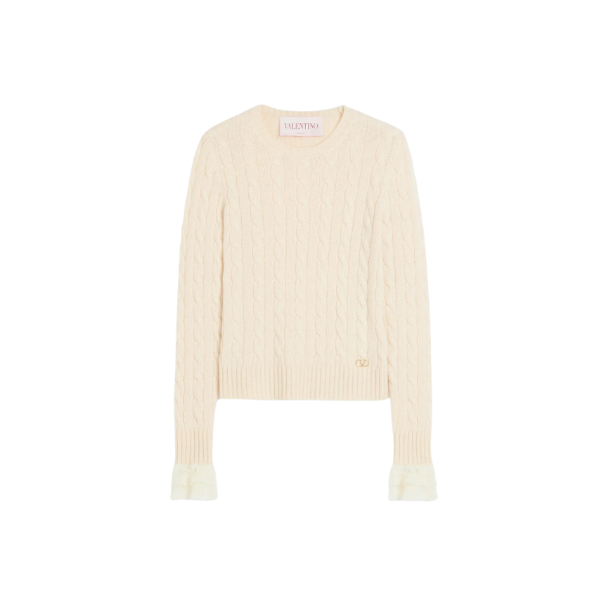 Pull manche longue VALENTINO cachemire torsade écru volant mohair manche