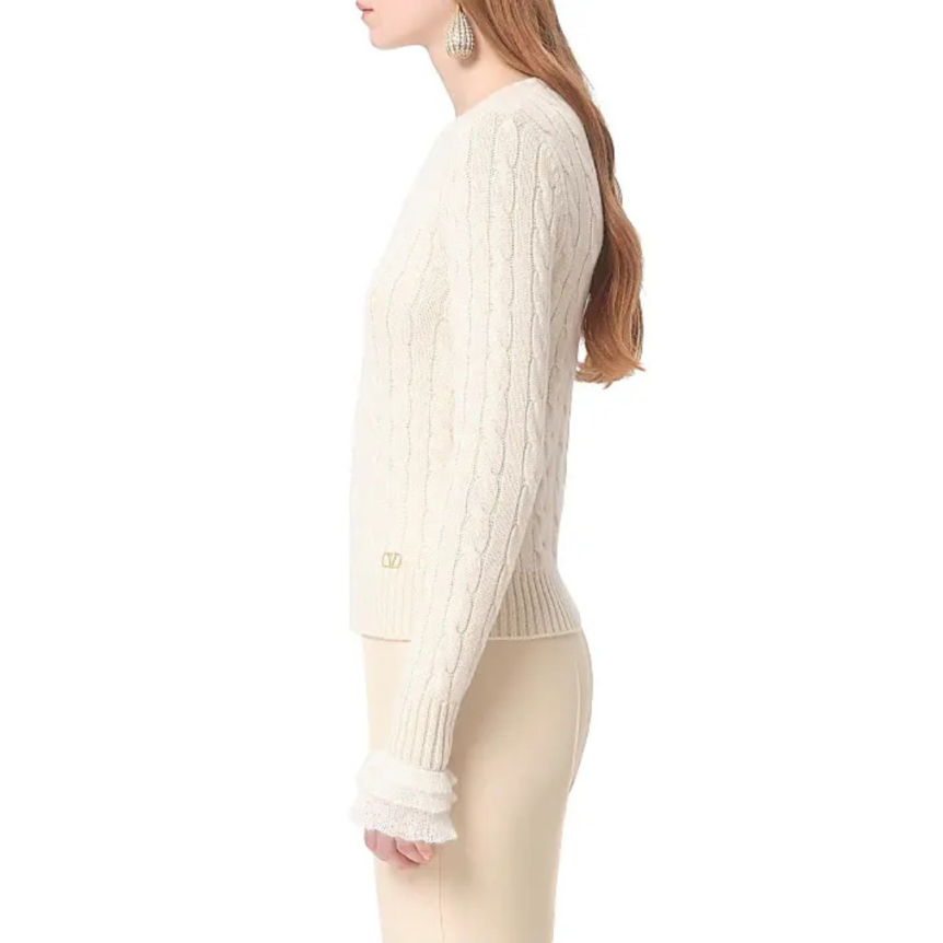 Pull manche longue VALENTINO cachemire torsade écru volant mohair manche