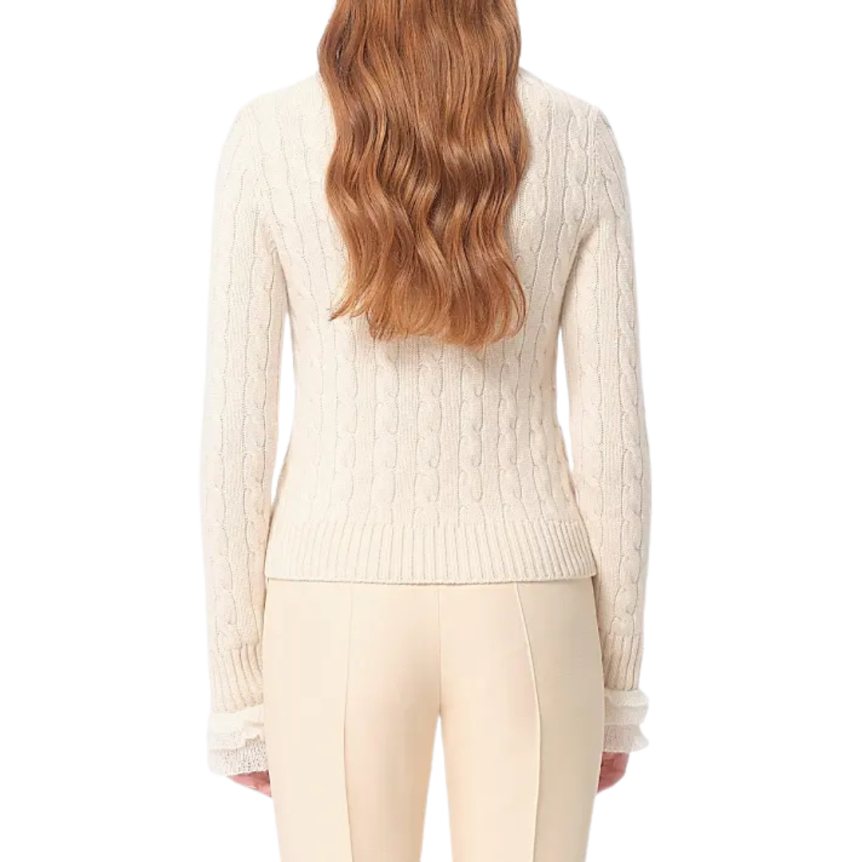 Pull manche longue VALENTINO cachemire torsade écru volant mohair manche