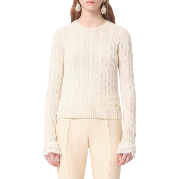 Pull manche longue VALENTINO cachemire torsade écru volant mohair manche