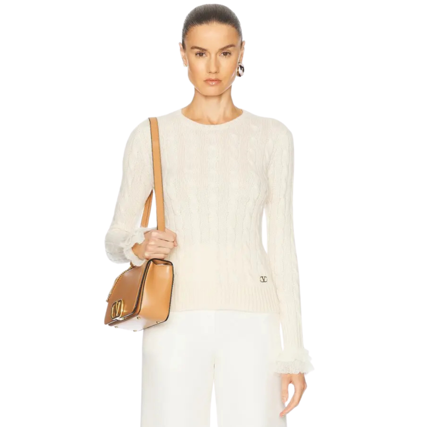 Pull manche longue VALENTINO cachemire torsade écru volant mohair manche