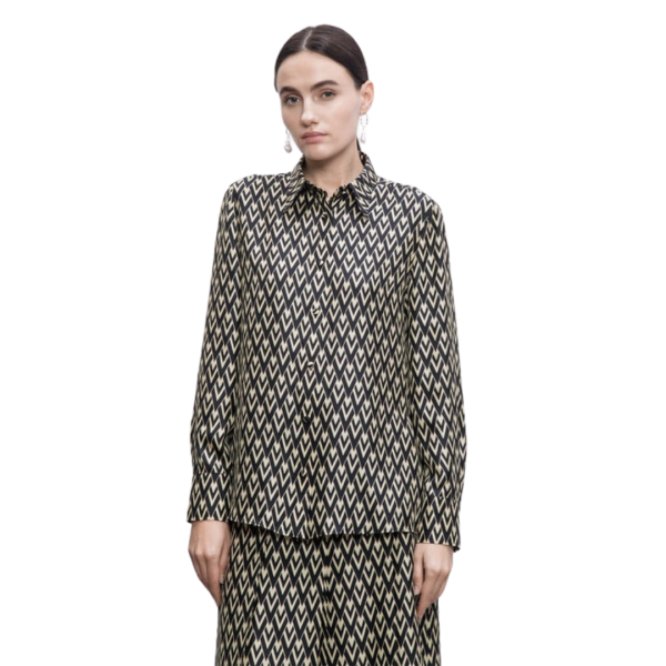 Chemise manche longue VALENTINO soie écru V logo bleu marine