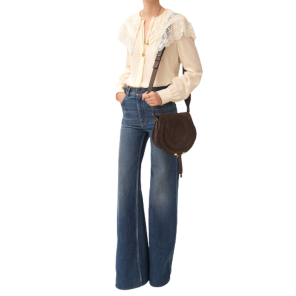 Sac porté épaule CHLOE Marcie Saddle cuir daim marron chocolat bandoulière