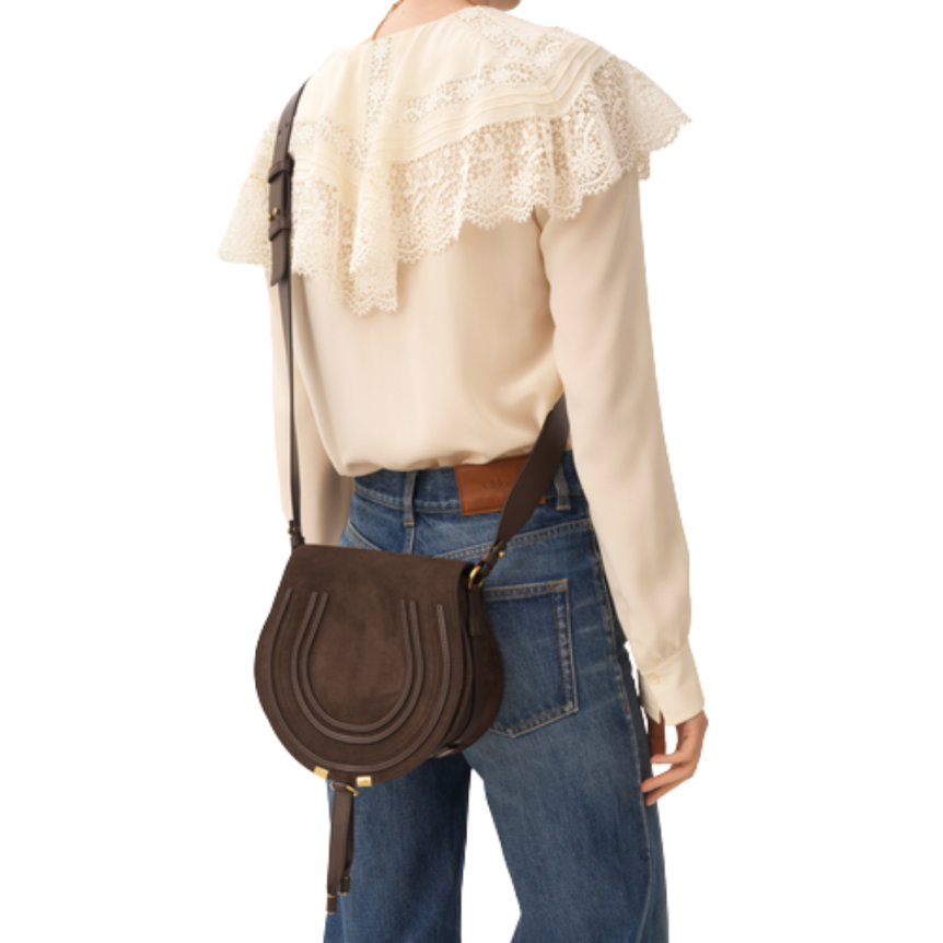 Sac porté épaule CHLOE Marcie Saddle cuir daim marron chocolat bandoulière