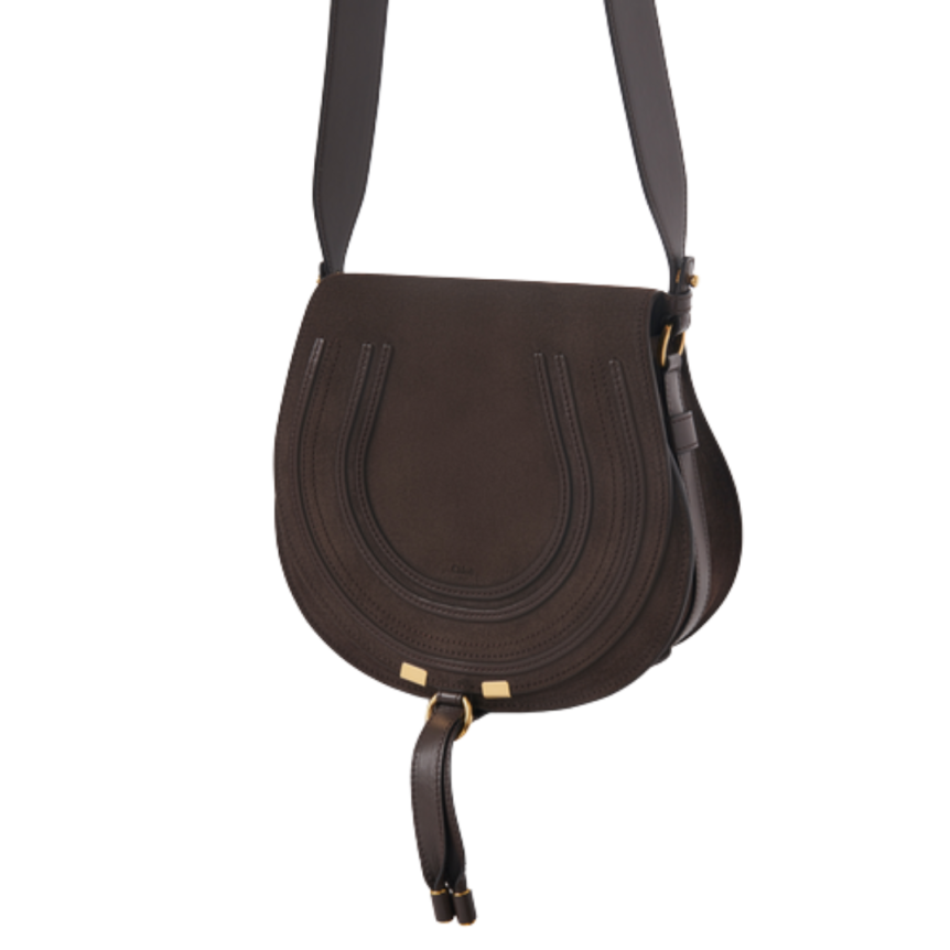 Sac porté épaule CHLOE Marcie Saddle cuir daim marron chocolat bandoulière