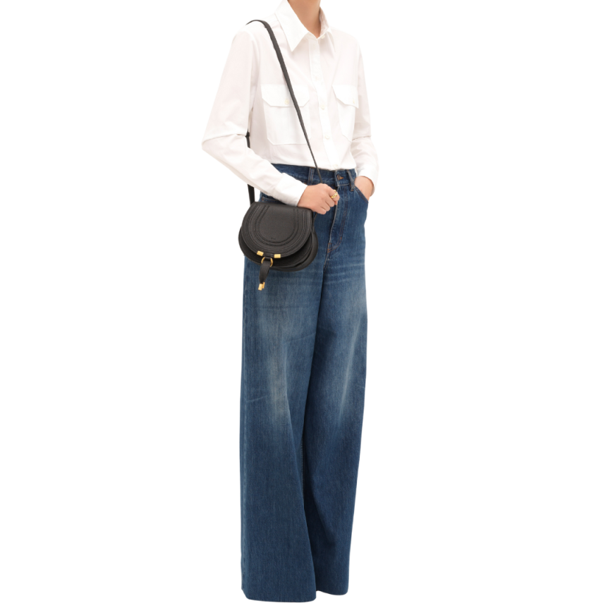 Sac porté épaule CHLOE Petit Marcie Saddle cuir grainé noir bandoulière