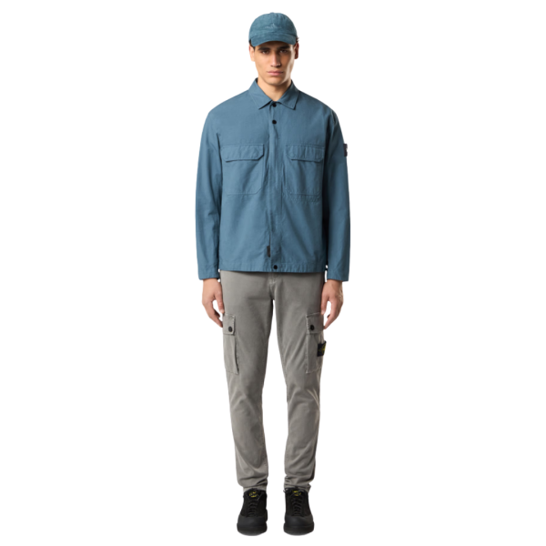 Surchemise zippée STONE ISLAND coton bio délavé bleu poches plaquées