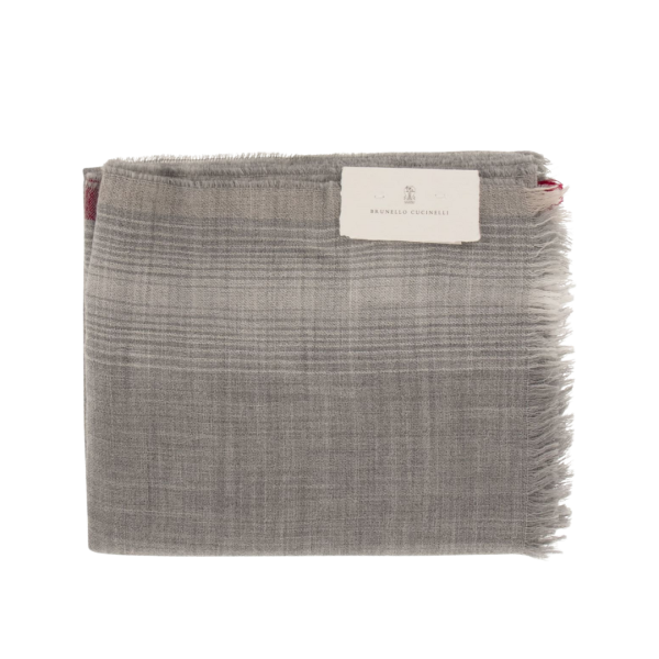 Echarpe BRUNELLO CUCINELLI laine grise rayures bordeaux