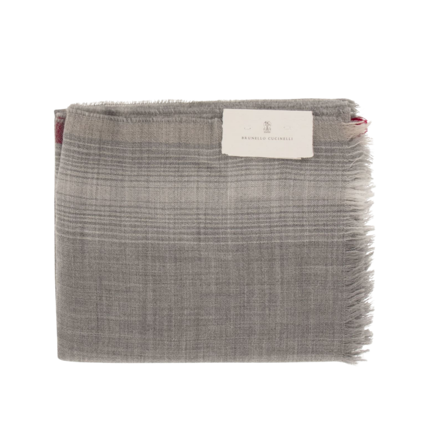 Echarpe BRUNELLO CUCINELLI laine grise rayures bordeaux