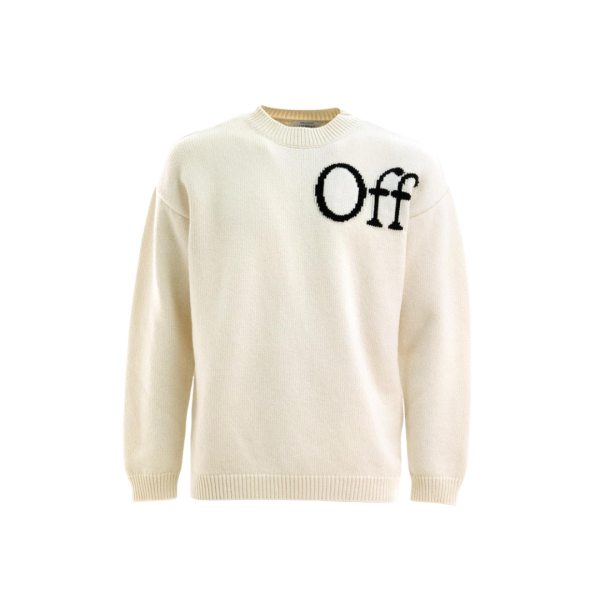 Pull col rond laine mélangée écru OFF WHITE noir