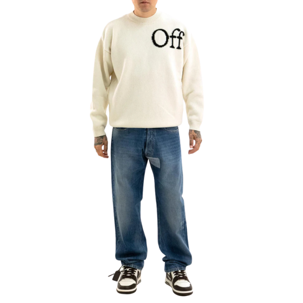 Pull col rond laine mélangée écru OFF WHITE noir