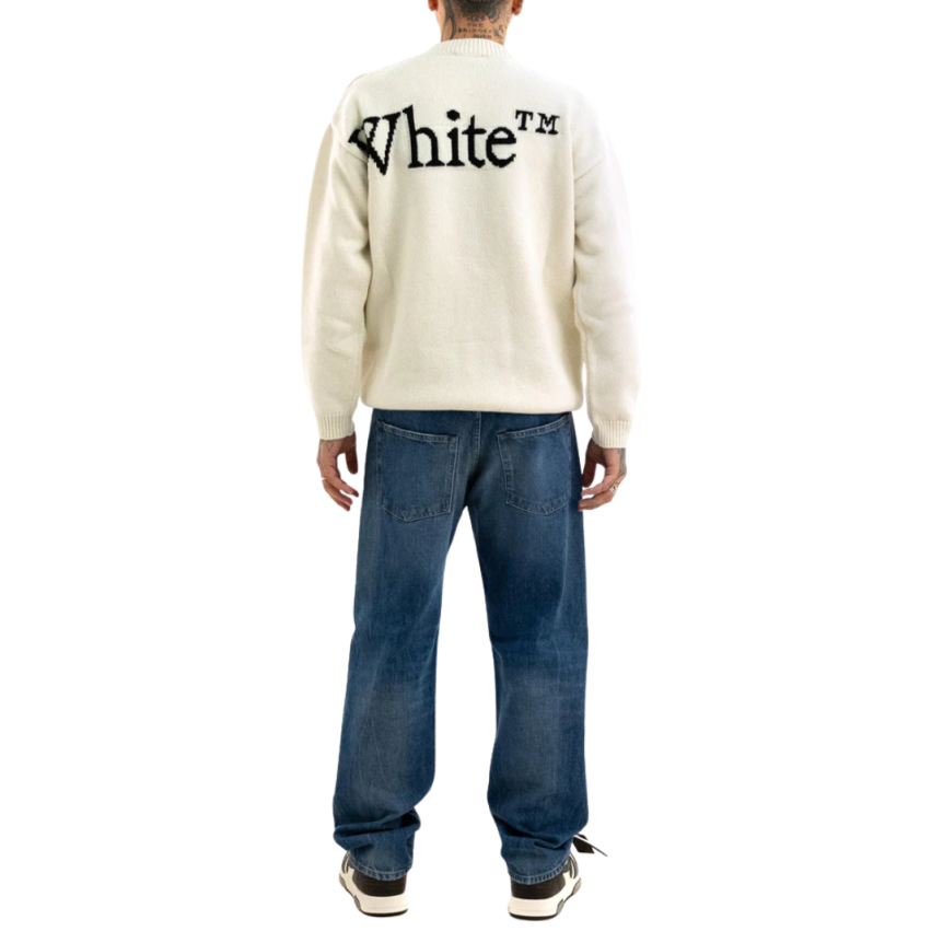 Pull col rond laine mélangée écru OFF WHITE noir