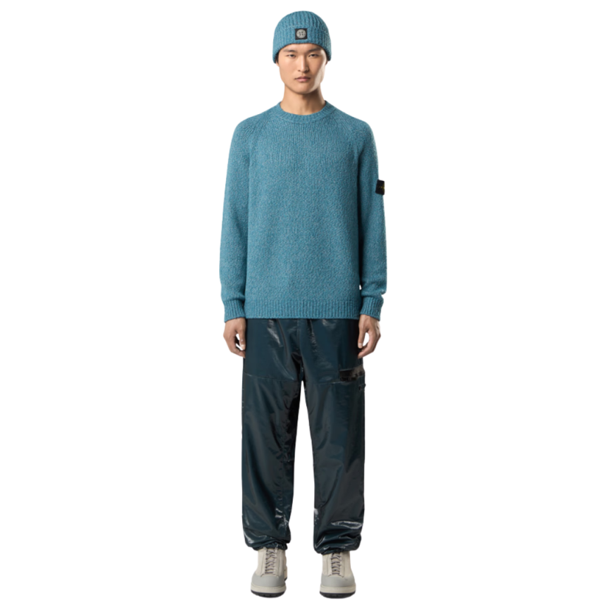 Pull col rond STONE ISLAND maille laine vierge mélangée bleu pétrole chiné