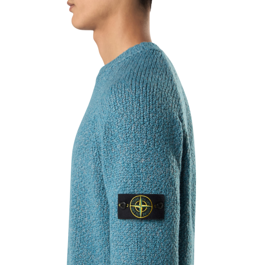 Pull col rond STONE ISLAND maille laine vierge mélangée bleu pétrole chiné