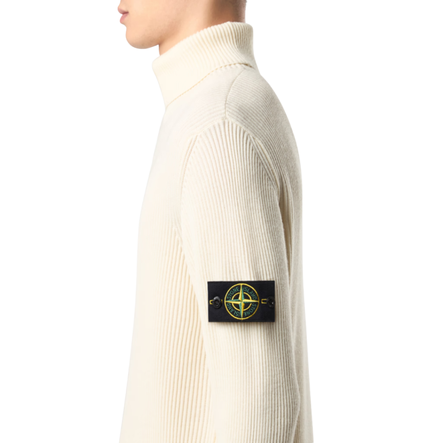 Pull col roulé STONE ISLAND laine côtelée écru