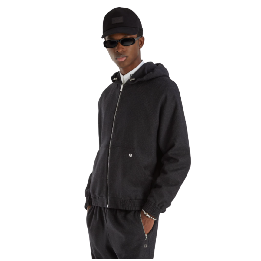 Sweat-shirt à capuche blouson zippé FENDI cachemire gris foncé