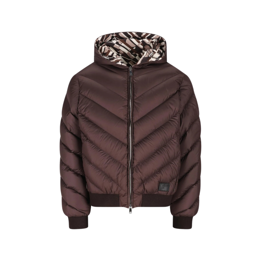Blouson zippé FENDI doudoune à capuche nylon marron chocolat réversible multi logo