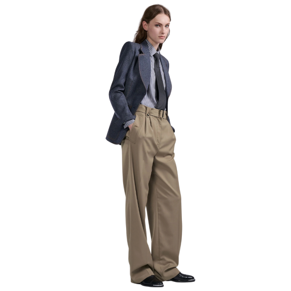 Pantalon taille haute BARBARA BUI gabardine laine stretch camel ceinture poches