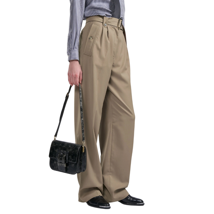 Pantalon taille haute BARBARA BUI gabardine laine stretch camel ceinture poches