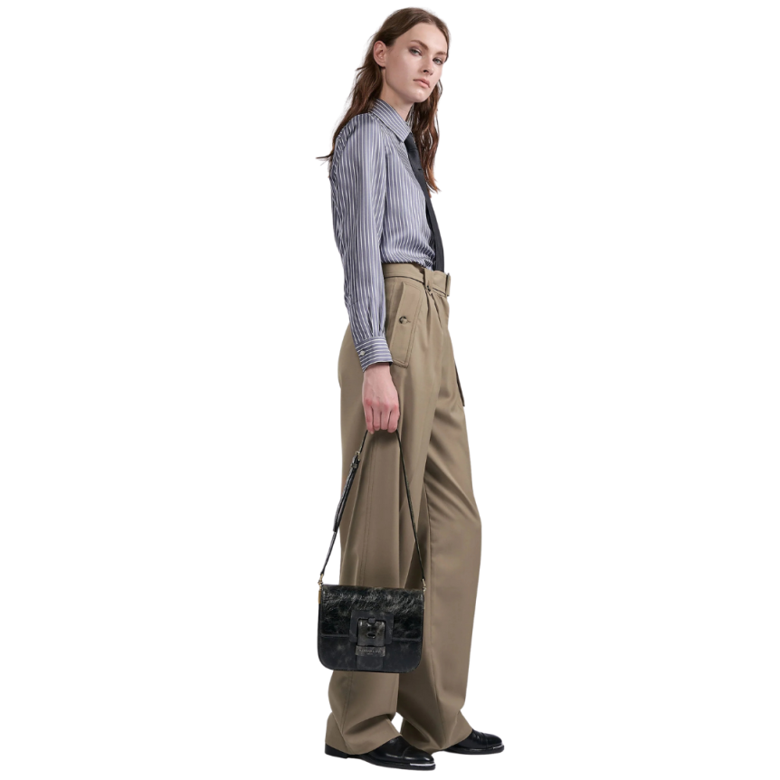 Pantalon taille haute BARBARA BUI gabardine laine stretch camel ceinture poches