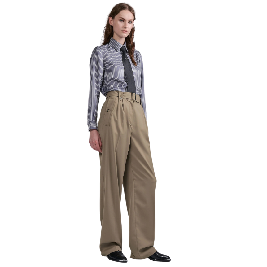 Pantalon taille haute BARBARA BUI gabardine laine stretch camel ceinture poches