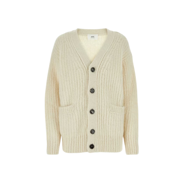 AMI Paris Cardigan à boutons col V laine écru poches