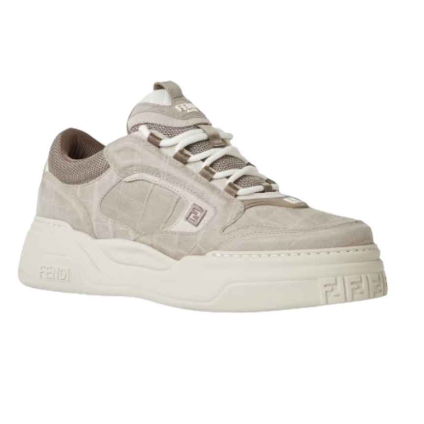 Basket basse à lacet FENDI Force cuir gris embossé croco motif FF