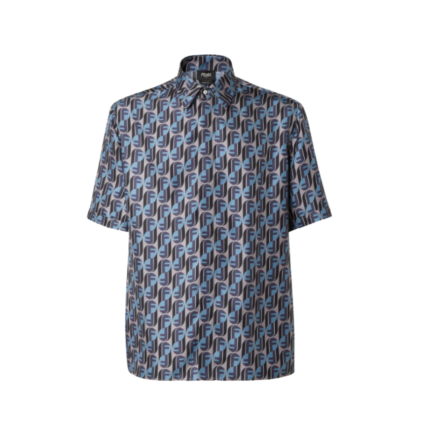 Chemise manche courte col semi italien soie gris bleu multicolore Fendinity
