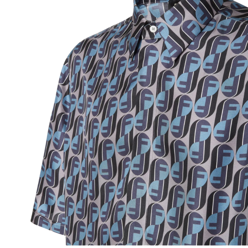 Chemise manche courte col semi italien soie gris bleu multicolore Fendinity