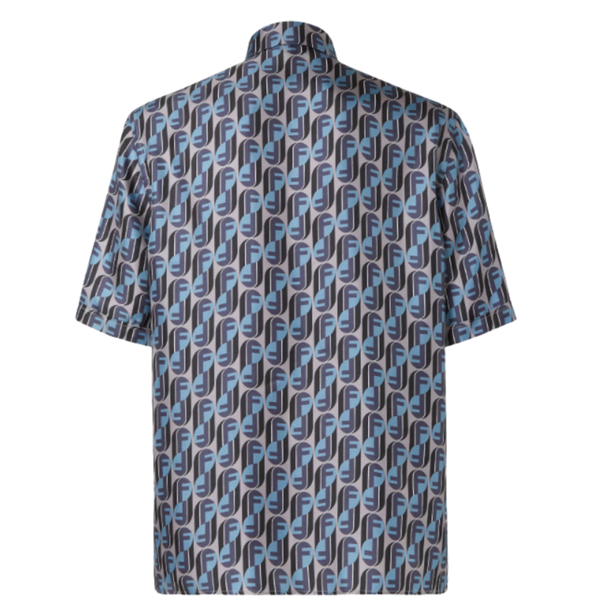 Chemise manche courte col semi italien soie gris bleu multicolore Fendinity