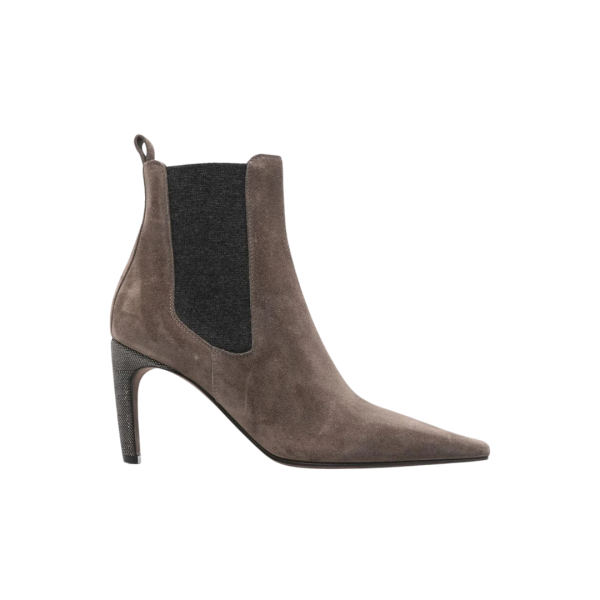 BRUNELLO CUCINELLI Bottine à talon Monili cuir suède marron élastique cheville