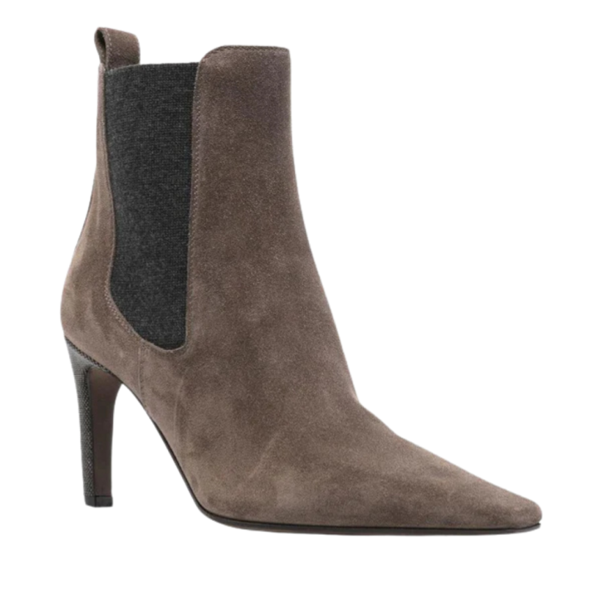 BRUNELLO CUCINELLI Bottine à talon Monili cuir suède marron élastique cheville