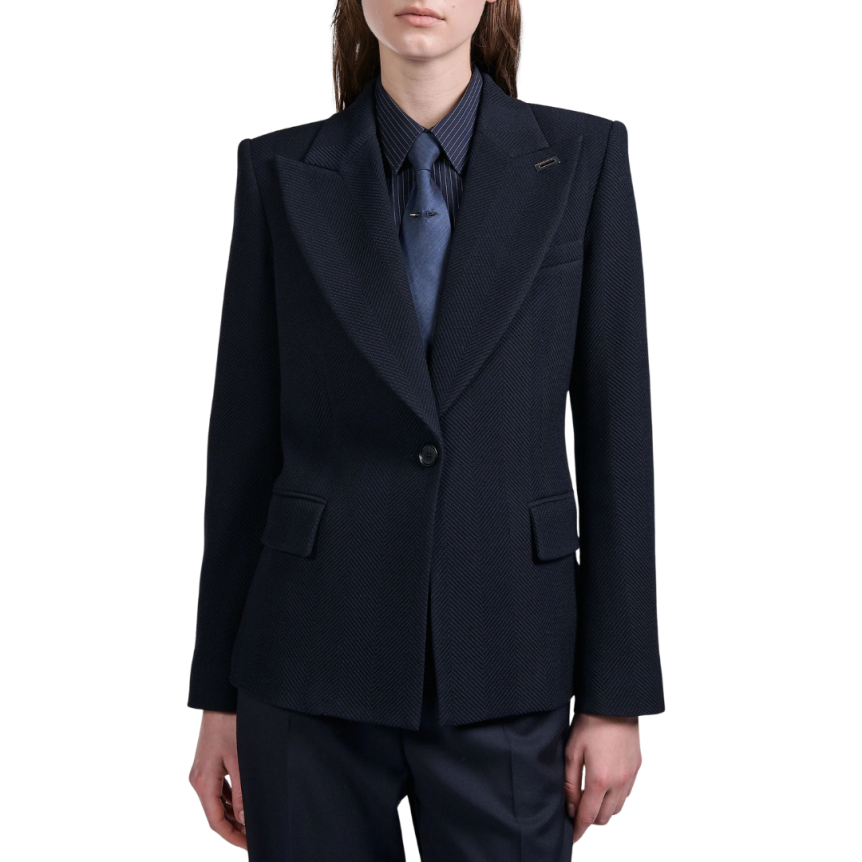 Veste costume droite BARBARA BUI un bouton laine chevrons bleu nuit