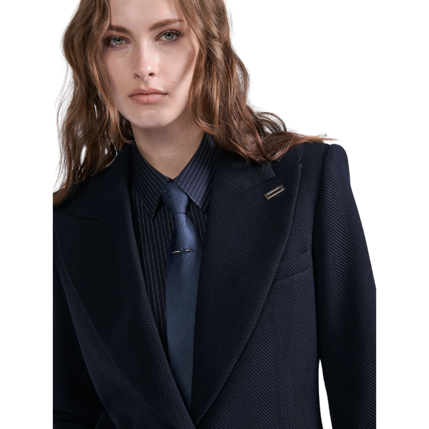 Veste costume droite BARBARA BUI un bouton laine chevrons bleu nuit
